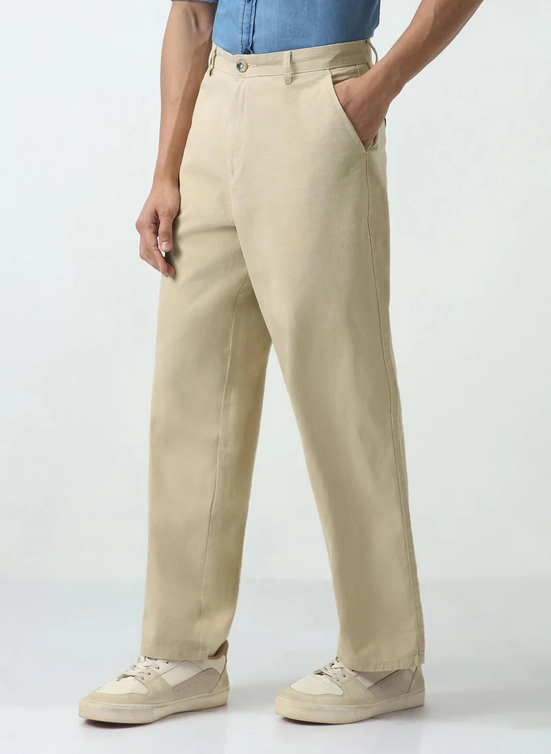 Urbano Fashion Urbano Fashion Men's Beige Loose Baggy Fit Solid Chino Trousers Non-Stretchable